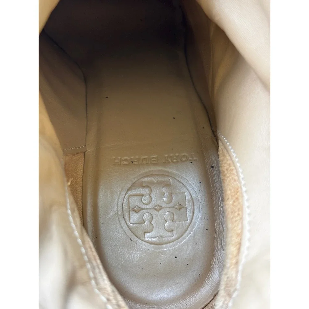 Tory Burch 8.5 Suede Ankle Boots Tan Slouchy Stiletto Gold Buckle Booties